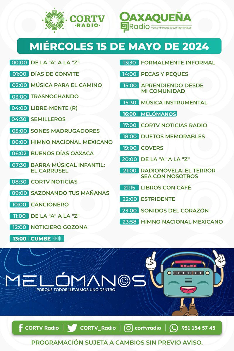 ¡Échale un vistazo a nuestra programación radiofónica de este miércoles! 👀 #Oaxaca @cortv