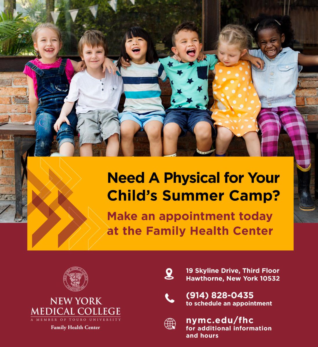 Need a physical for your child's summer camp? Make an appointment today at the Family Health Center. Open to the public. nymc.edu/fhc #NYMC #familymedicine #familyclinic #clinic #westchester