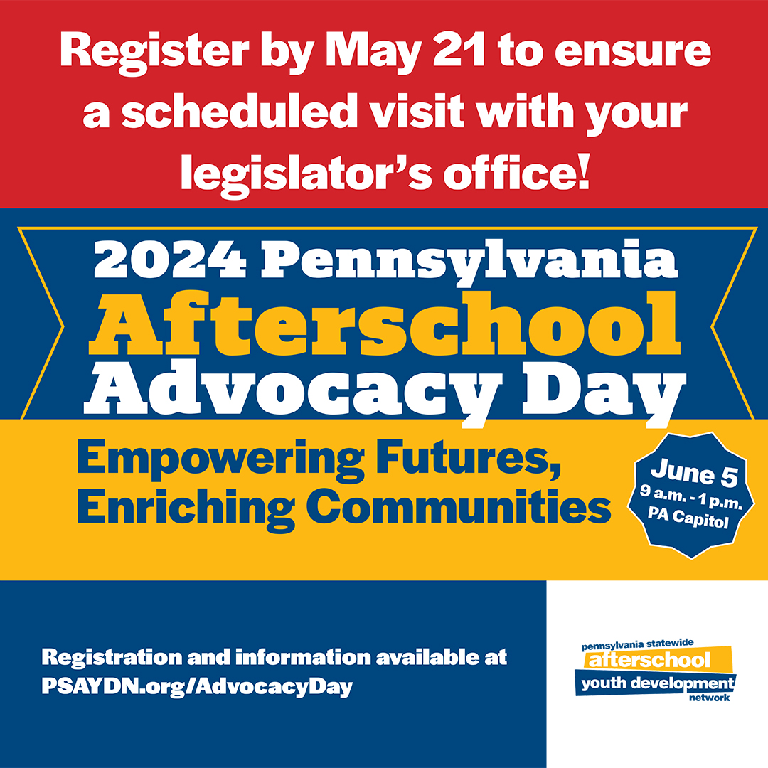 Register by May 21 for 2024 #AfterschoolAdvocacyDayPA to ensure a scheduled visit with your local legislator's office. We need your voice to show the impact of quality afterschool programs on Pennsylvania students! Training will prepare you for the day. hubs.ly/Q02xfDj90