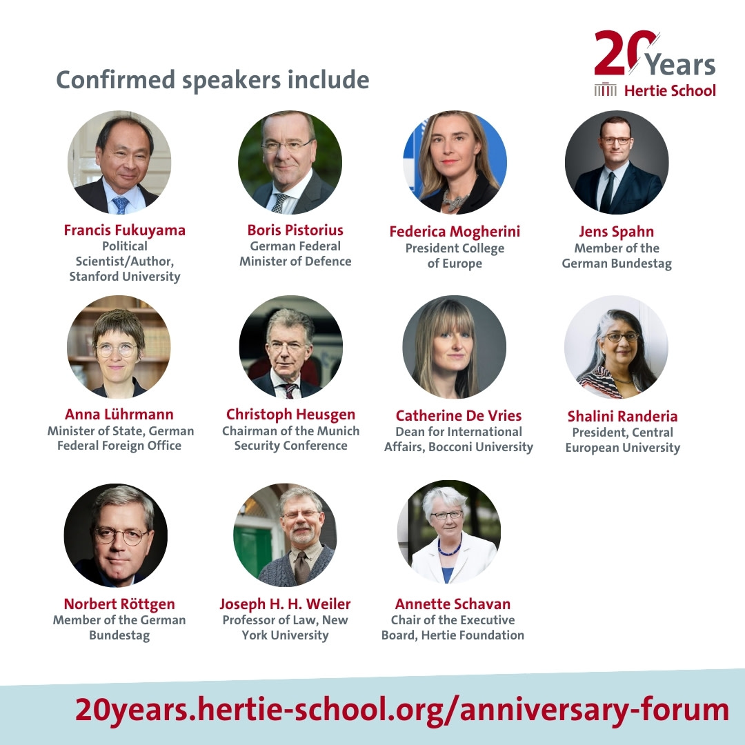 Less than 1️⃣ month to go until our Anniversary Forum! Join us 10/11 June to celebrate #20YearsHertieSchool. We're delighted to be joined by experts from civil society, politics & academia to discuss the challenges facing 🇪🇺 and the world. Register now 👉 bit.ly/3JtIdNR