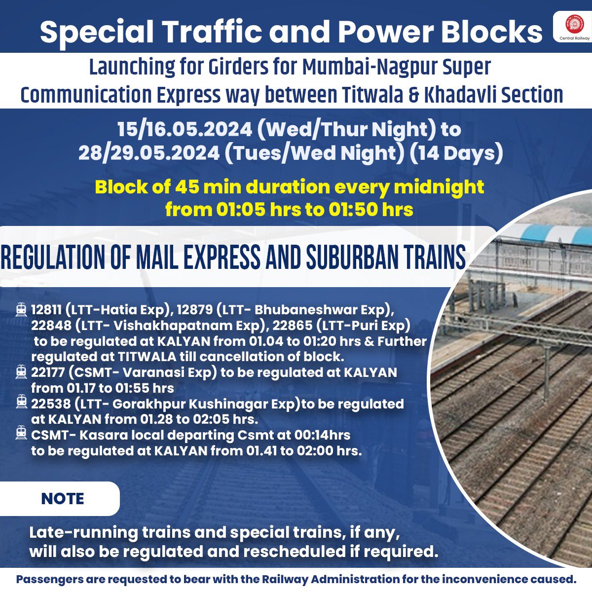 Traffic and Power Blocks for launching for girders on 15/16.05.2024 (Wednesday/Thursday Night) to 28/29.05.2024 (Tuesday/ Wednesday) The inconvenience caused is highly regretted, and passengers are requested to bear with the Railways. #CentralRailway #Powerblock #Trafficblock