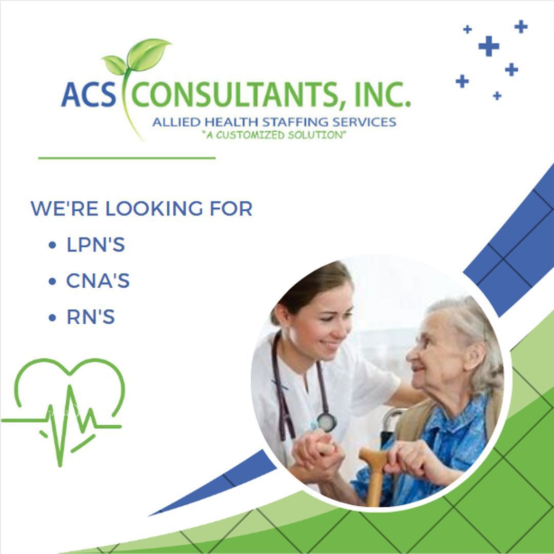 ACS is seeking RN's, LPN's, and CNA's. We have multiple opportunities available! Check us out at buff.ly/3fmGCtE or give us a call at 855-344-5513. #Alliedhealth #Nursing #RN #LPN #CNA #Jobs #JobListing