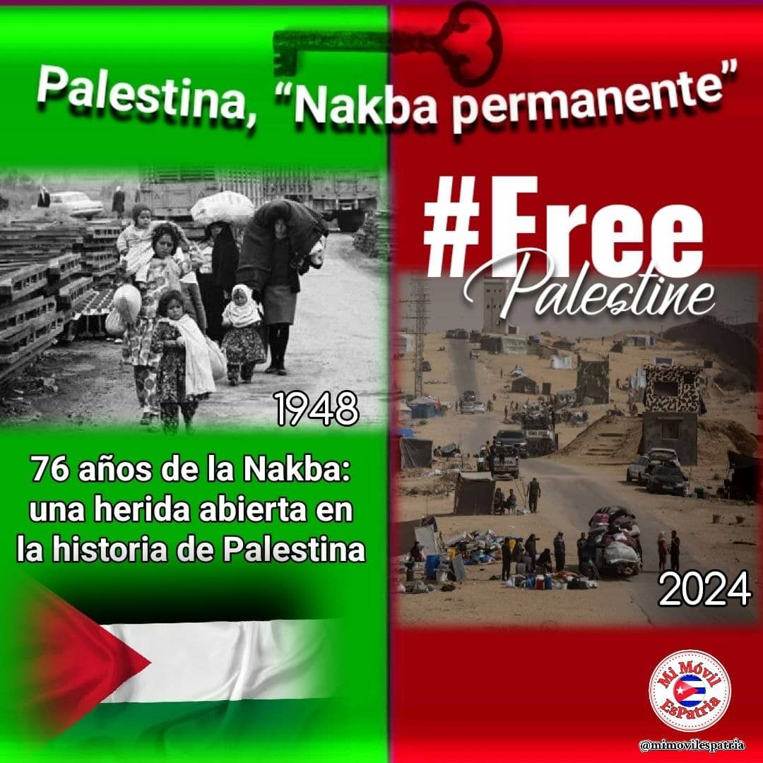 A 76 años de la Nakba, y en medio de la más cruel arremetida sionista que ha dejado miles de muertos, principalmente mujeres y niños, los palestinos reivindican hoy más que nunca su derecho a vivir en paz, y en su tierra. Que cese el genocidio israelí. ¡Viva #PalestinaLibre!