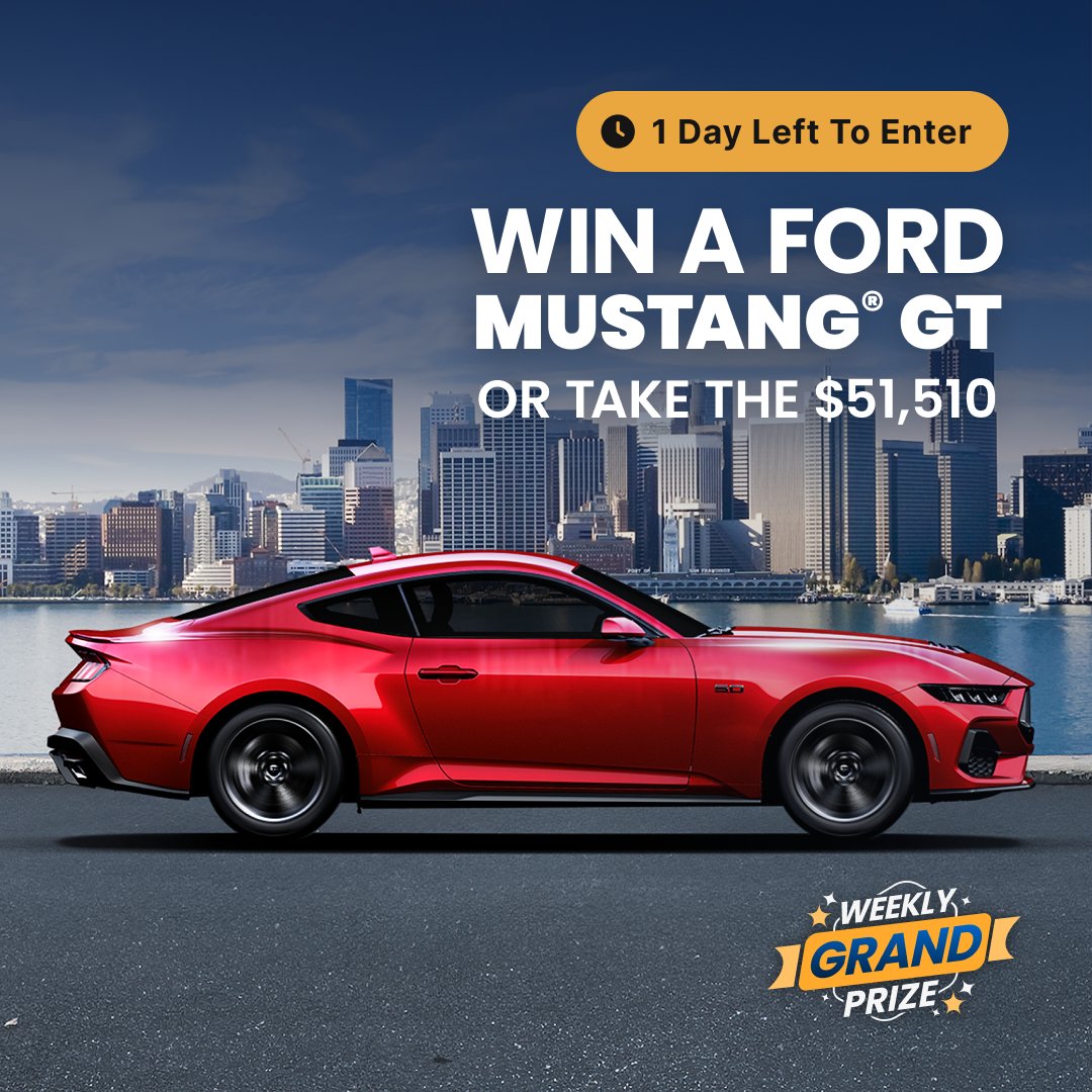 Time’s running out to win the Ford Mustang® GT Premium Fastback for free this week, so make sure you get in on the action! Don’t forget you can use your Tokens in the Token Exchange for bonus entries to win! bit.ly/4dDk1Xd