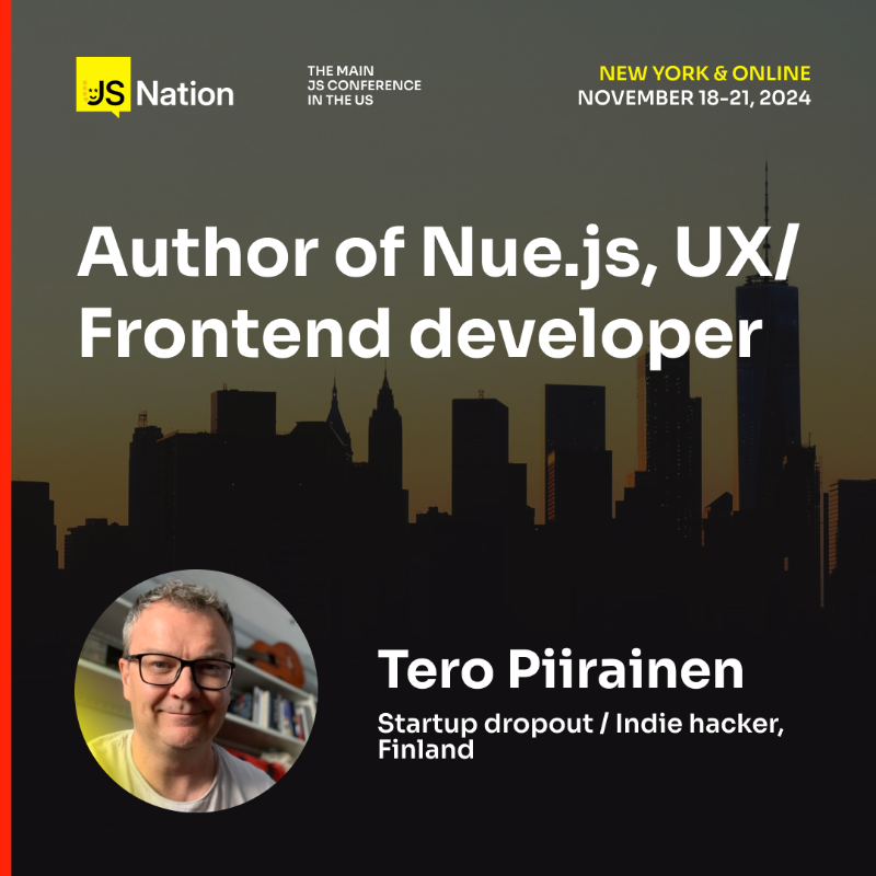 thejsnation's tweet photo. 💥And our next speaker is @tipiirai, author of #NueJS. Tero has 25+ years of experience building startups and open-source projects from scratch. 

He is mostly known for 🔥Flowplayer, jQuery Tools UI library, Muut, and Riot.js frontend framework.