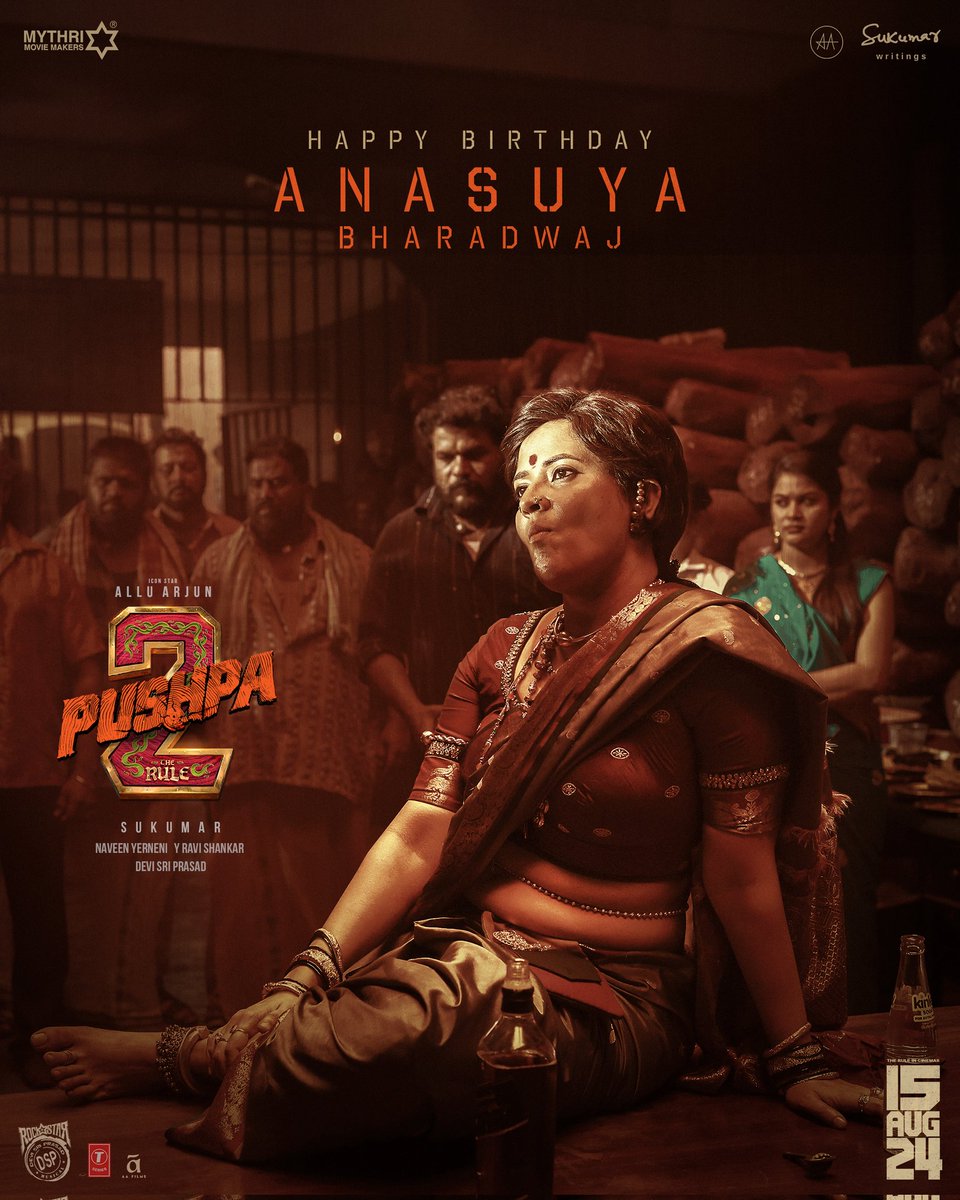 Wishing the talented @anusuyakhasba a very Happy Birthday ❤‍🔥 She will be back with #Pushpa2TheRule as the wily 'Dakshayani' 💥 Grand release worldwide on 15th AUG 2024. @MythriOfficial