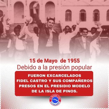 #HoyEnLaHistoria 15 de mayo de 1955, #FidelPorSiempre y sus compañeros moncadistas encarcelados en el Presidio Modelo de Isla de Pinos, son liberados como resultado de una 💪 presión popular. #CubaViveEnSuHistoria #Cuba #UJCdeCuba