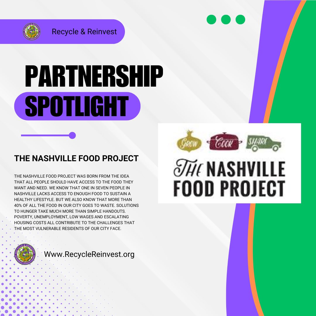 🌱Partner Spotlight 🌍

At RECYCLE AND REINVEST, our mission is to cultivate the next generation of leaders through educational and art-based programs. 

We’re thrilled to celebrate our partners, THE NASHVILLE FOOD PROJECT. 

🌿🌎 #PartnerSpotlight #SustainabilityMatters