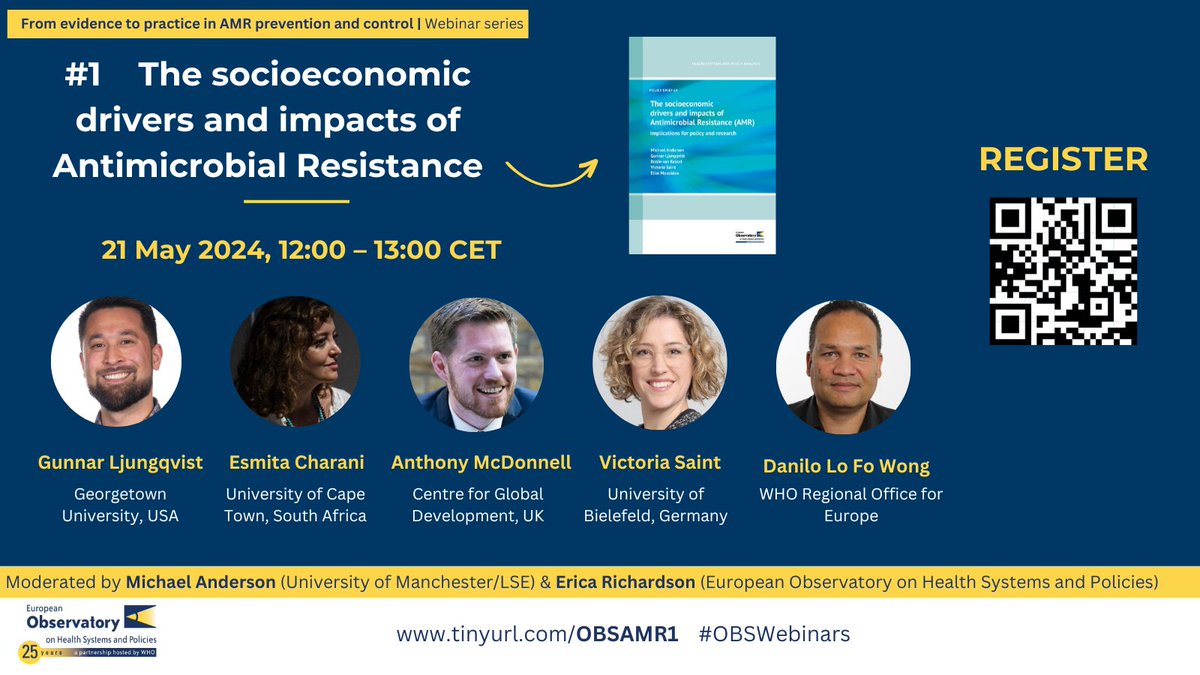 #EUPHW #AMRControl 💊 What are the socioeconomic drivers & impacts of Antimicrobial Resistance? ⤵️ Join us for this first event of an #OBSwebinars series dedicated to #AMR prevention & control. ⏰21 May, 12:00-13:00 CET 👉 tinyurl.com/OBSAMR1 📘 eurohealthobservatory.who.int/publications/i…