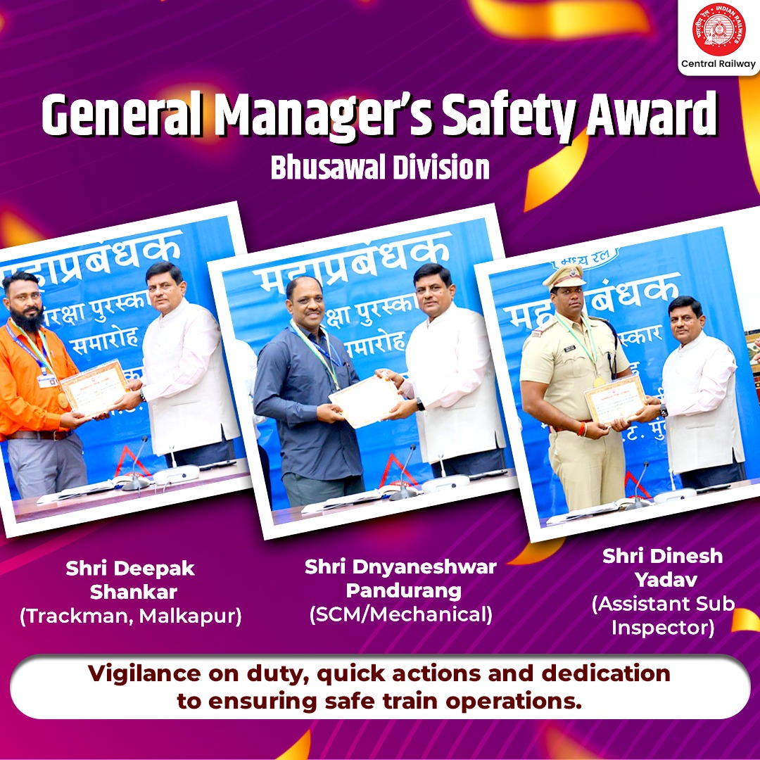 Shri Ram Karan Yadav, GM, CR, awarded the General Manager's Safety Award to  
Shri Dnyaneshwar Pandurang SCM/Mechanical,  
Shri Dinesh Yadav, Assistant Sub Inspector, and  
Shri Deepak Shankar, Trackman, Malkapur.