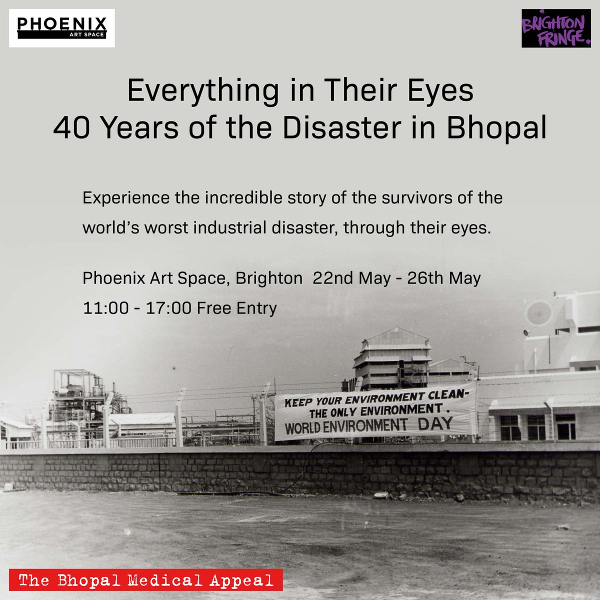 1 week to go!
Join us for our exhibition at The Phoenix, Brighton. 22nd - 26th May, 11-5pm. We create a rich visual story of the 40 year history of the gas &amp; water disasters, the struggle &amp; determination of the survivors, &amp; the charity’s work to aid their healing.
#brightonfringe