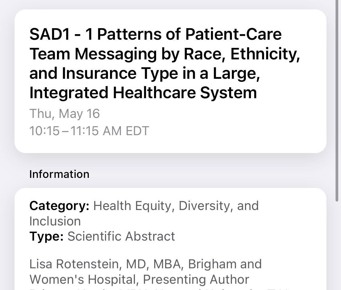 Center for Physician Experience (@cpe2_) on Twitter photo Hey #SGIM2024 attendees! Head to <a href="/LisaRotenstein/">Lisa Rotenstein MD</a> 's presentation on associations between electronic messaging patterns and patient characteristics at 10:15 am EST today in RM Back Bay A. #CPE2atSGIM Hey #SGIM2024 attendees! Head to <a href="/LisaRotenstein/">Lisa Rotenstein MD</a> 's presentation on associations between electronic messaging patterns and patient characteristics at 10:15 am EST today in RM Back Bay A. #CPE2atSGIM
