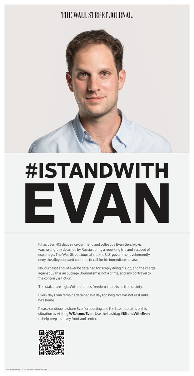 It has been 59 long weeks since @WSJ reporter Evan Gershkovich was wrongfully detained by Russia. That is 413 days in prison simply for doing his job as a journalist. Dow Jones and The Wall Street Journal continue to demand his immediate release. Please continue to share Evan's