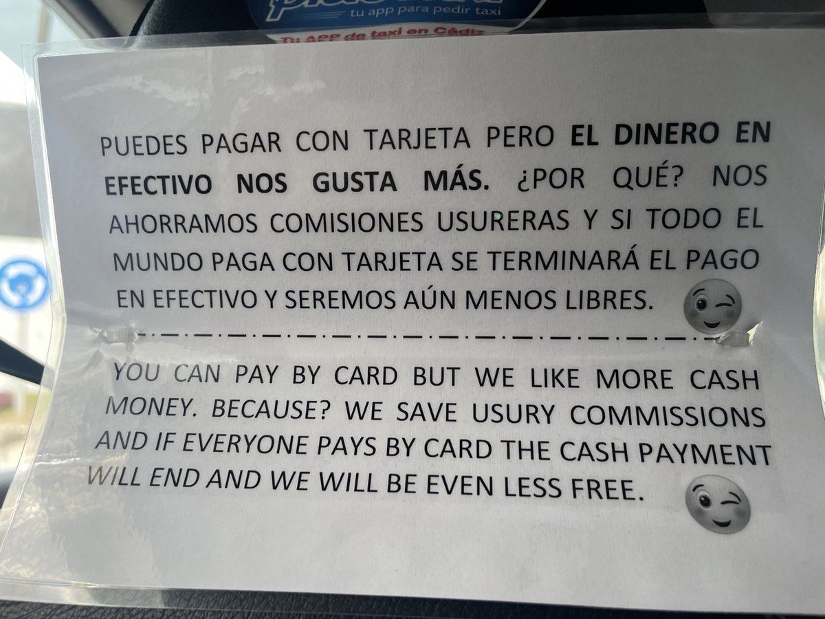 Sign in the back of a taxi in Spain #cashisking #cash #freedom