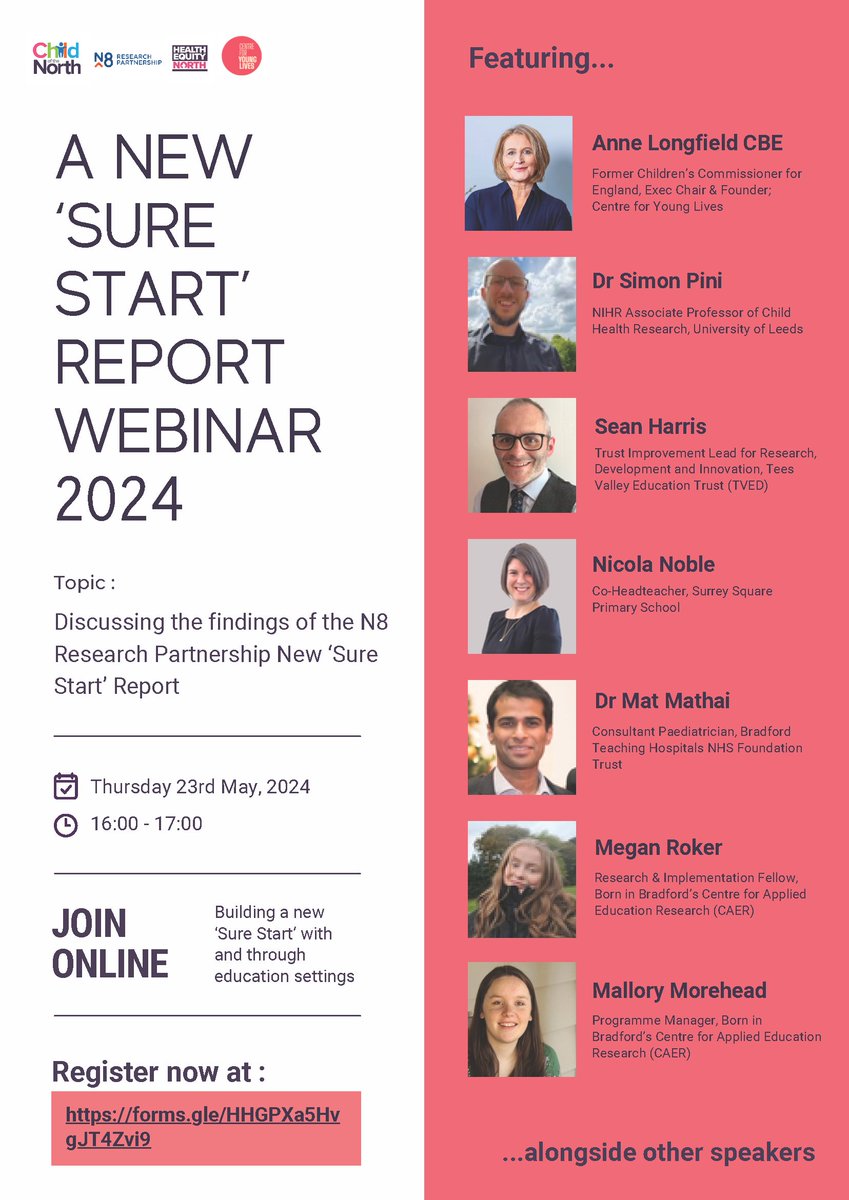 Join us next week for our webinar, covering evidence, recommendations & innovative approaches highlighted in the @ChildoftheNort1 @CfYoungLives report - on building the Foundations of a New 'Sure Start' In & Around Education Settings Register here👇 forms.gle/HHGPXa5HvgJT4Z…