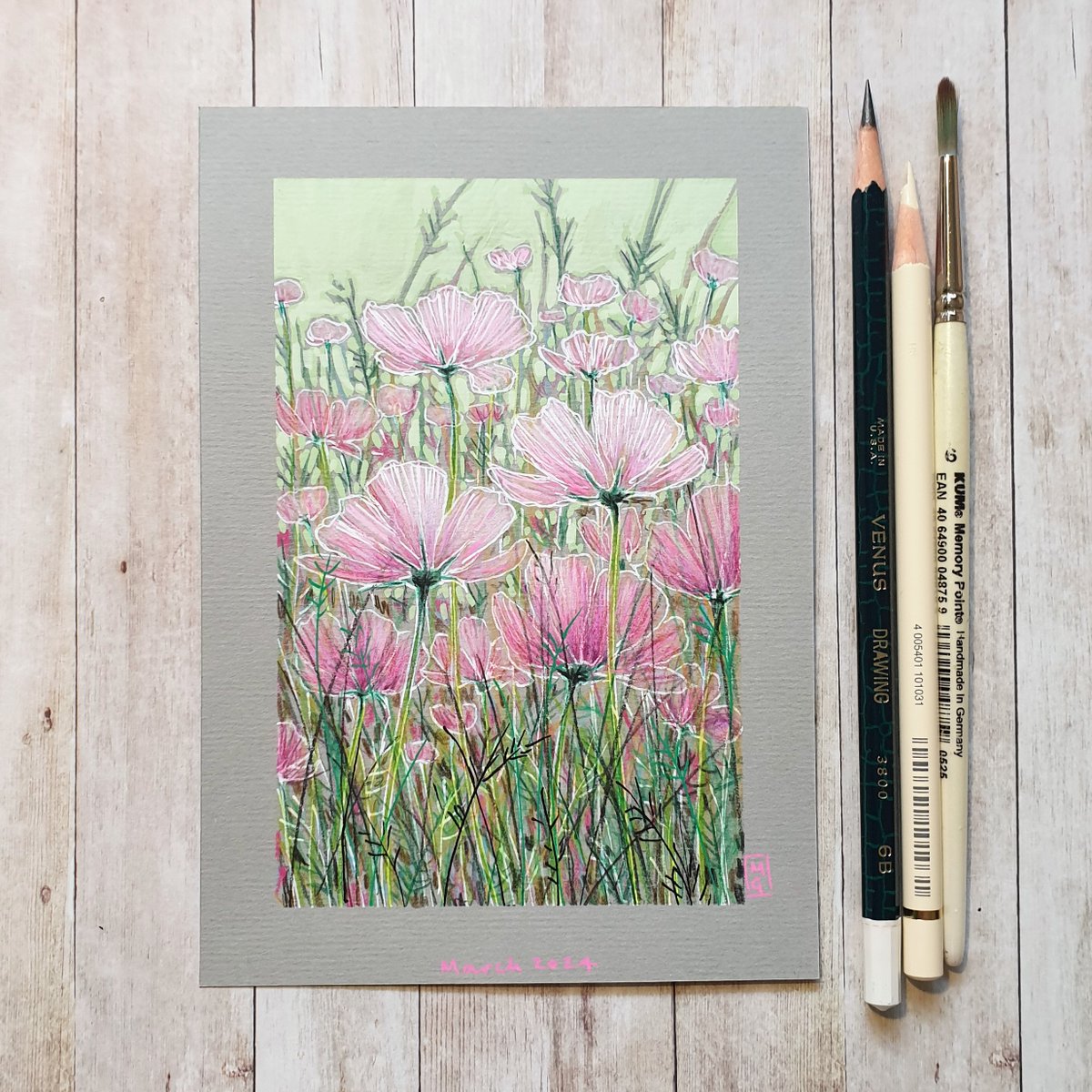 Fresh and light, a bed of pink cosmos flowers.  This little original floral artwork is available in my art shop, I'd love you to visit...
theweeowlart.etsy.com/listing/169112…
#OriginalArt #drawing #PenAndInk #ColourPencil 
#painting #artwork #art #TraditionalArt 
#FloralLandscape #Flowers