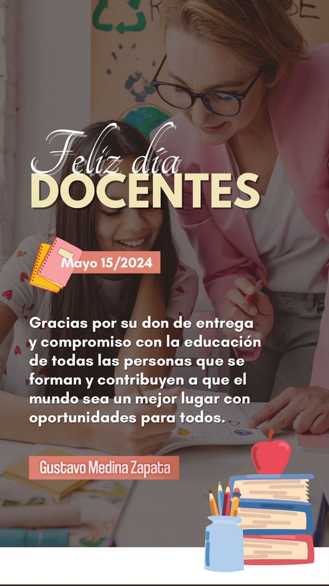 Un feliz día a tod@s l@s  docentes
El Educar es dar, es entregar, conocimiento y  también tiempo, cariño, cuidado y hacer parte de la vida futura de tantos. Tuve la fortuna de ser formado por una educadora y puedo dar FE de  la vocación y entrega que tienes todos l@s  profes!!!