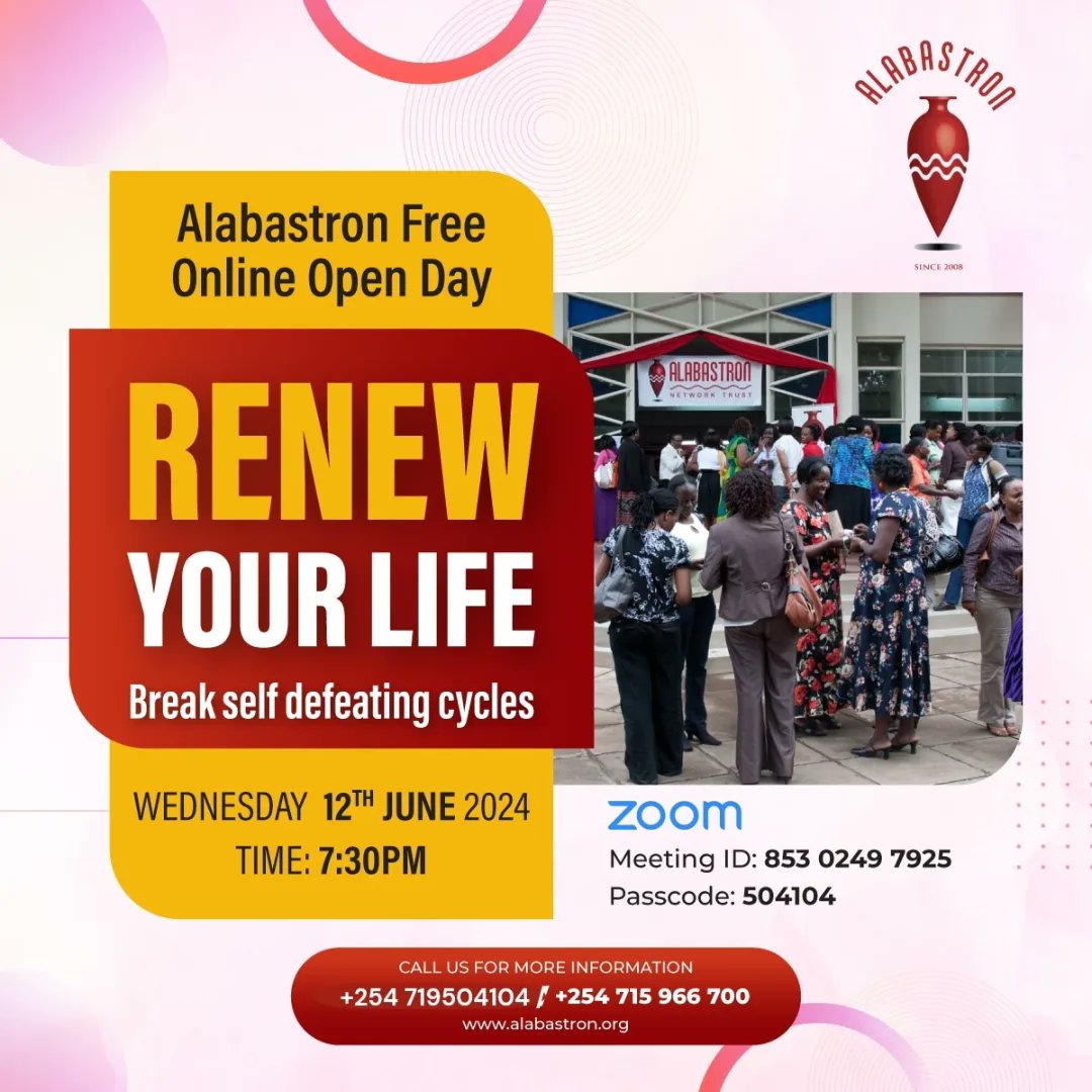 You have the inner capacity to renew yourself and your life! But first, learn how to overcome your self-defeating cycles. 

 Join us at 7:30 pm for Free Alabastron Online Open Day on 12th June 2024. Register here👇🏾!

us02web.zoom.us/j/85302497925?…