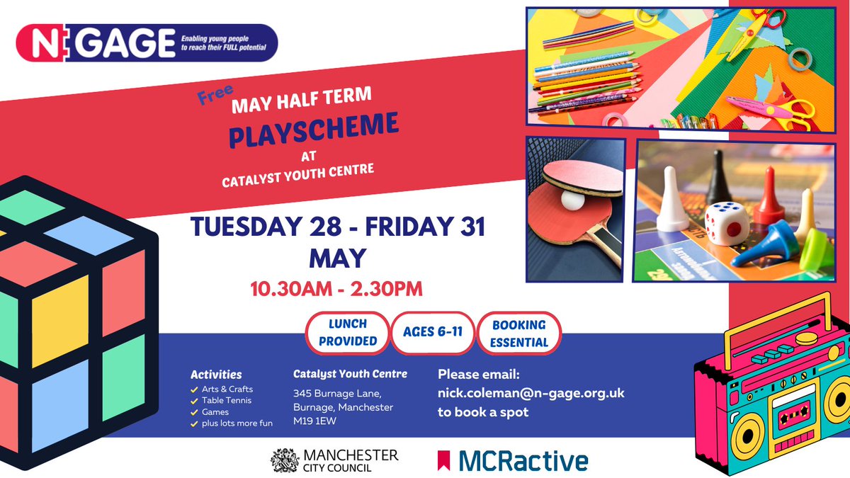 Free May half term playscheme at Catalyst Youth Centre
Limited spaces available
For further info or to book a place, please email 
nick.coleman@n-age.org.uk

<a href="/MCRactiveHA/">MCRactive Holiday Activity</a> 
<a href="/ManCityCouncil/">Manchester City Council</a> 

#HAF2024
#MCRactive
#burnage