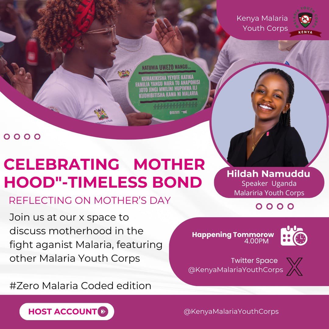 Happening Tomorrow (16/05/2024) 🗓️ at 4pm EAT⏰ Join our Co-Lead @namuddu_hilder as she deliberates on motherhood in the fight against malaria via the @MalariaYouthKE X space handle. #ZeroMalariaStartsWithMe #ZeroMalariaStartsWithYou @UnderTheNet20UG @ObulamuUganda