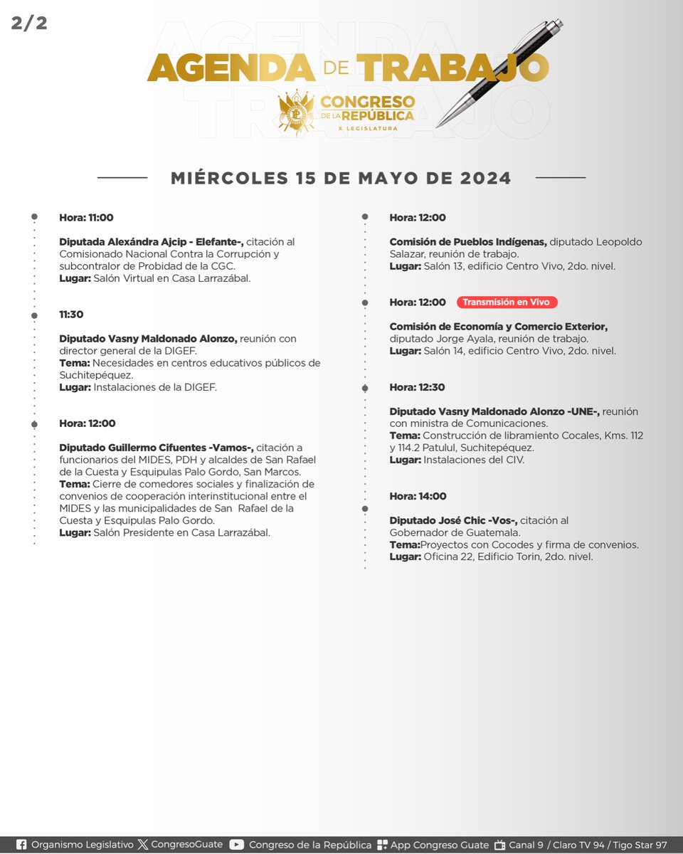 ¡El Congreso no se de detiene!

A continuación les compartimos la agenda de #TrabajoLegislativo que desarrollarán los diputados durante la jornada:

📆 miércoles 15 de mayo de 2024.  

🔎#TransparenciaLegislativa
🏦#XLegislatura