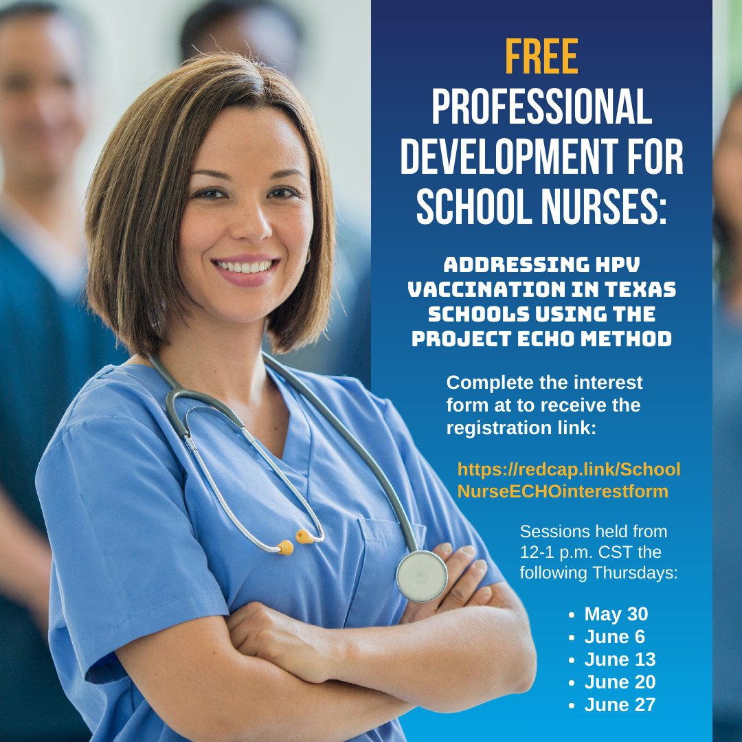 @AmericanCancer in partnership with @UTHealthSPH and @TxSchlNurses are hosting webinars to equip school nurse professionals with current HPV vaccination information and provide tools and strategies to increase vaccination rates. Complete the interest form: redcap.link/SchoolNurseECH…