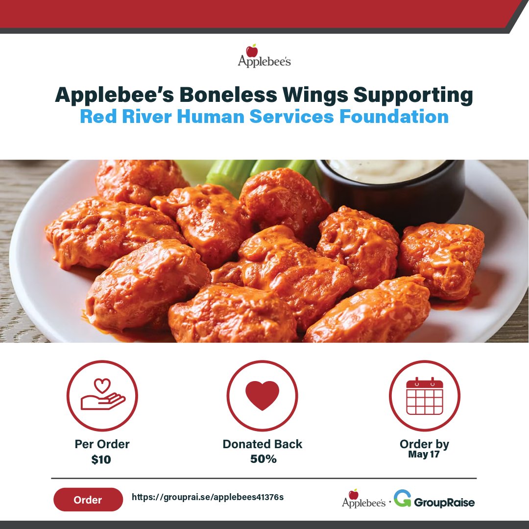 48 hours left 🕛 To everyone who has participated so far in the Applebee's Boneless Wings Fundraiser for Red River Human Services Foundation -- Thank you SO much 🌟  Tomorrow is the last day of our fundraising campaign!! Order your wings here: grouprai.se/applebees41376s