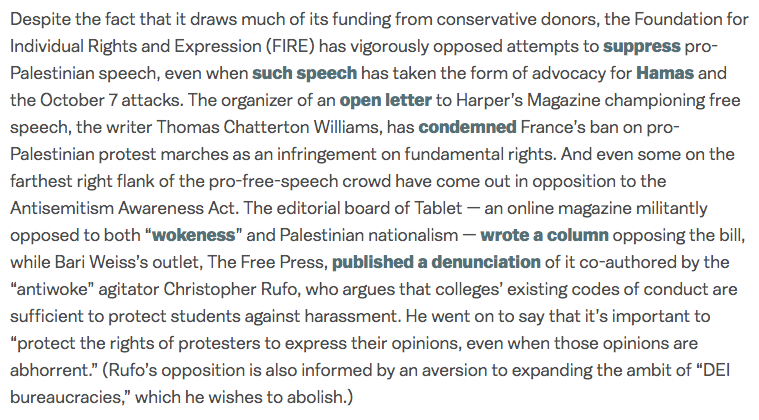 Levitz points out that free speech advocates with integrity (like @TheFIREorg, @thomaschattwill, and @bariweiss) have been strongly supportive of the free speech rights of pro-Palestinian activists, including some of their more extreme slogans. 2/