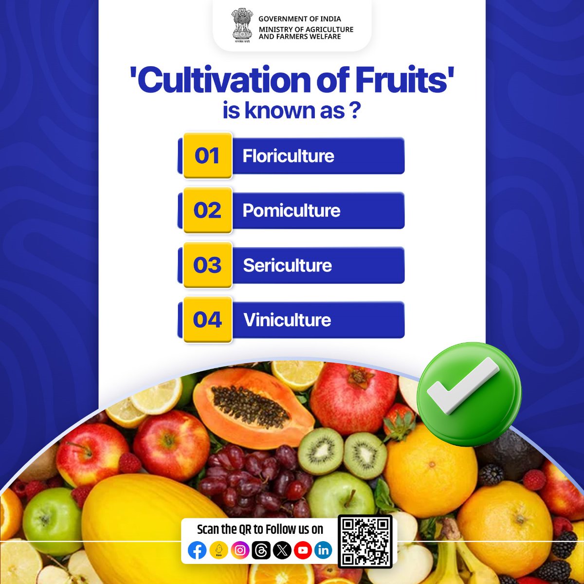 Take part in the agriculture quiz and test your knowledge!
.
Cultivation of Fruits' is known as ?

Please share your answer in the comments.

#agrigoi #agriquiz #QuizOfTheDay #agriculture #fruits