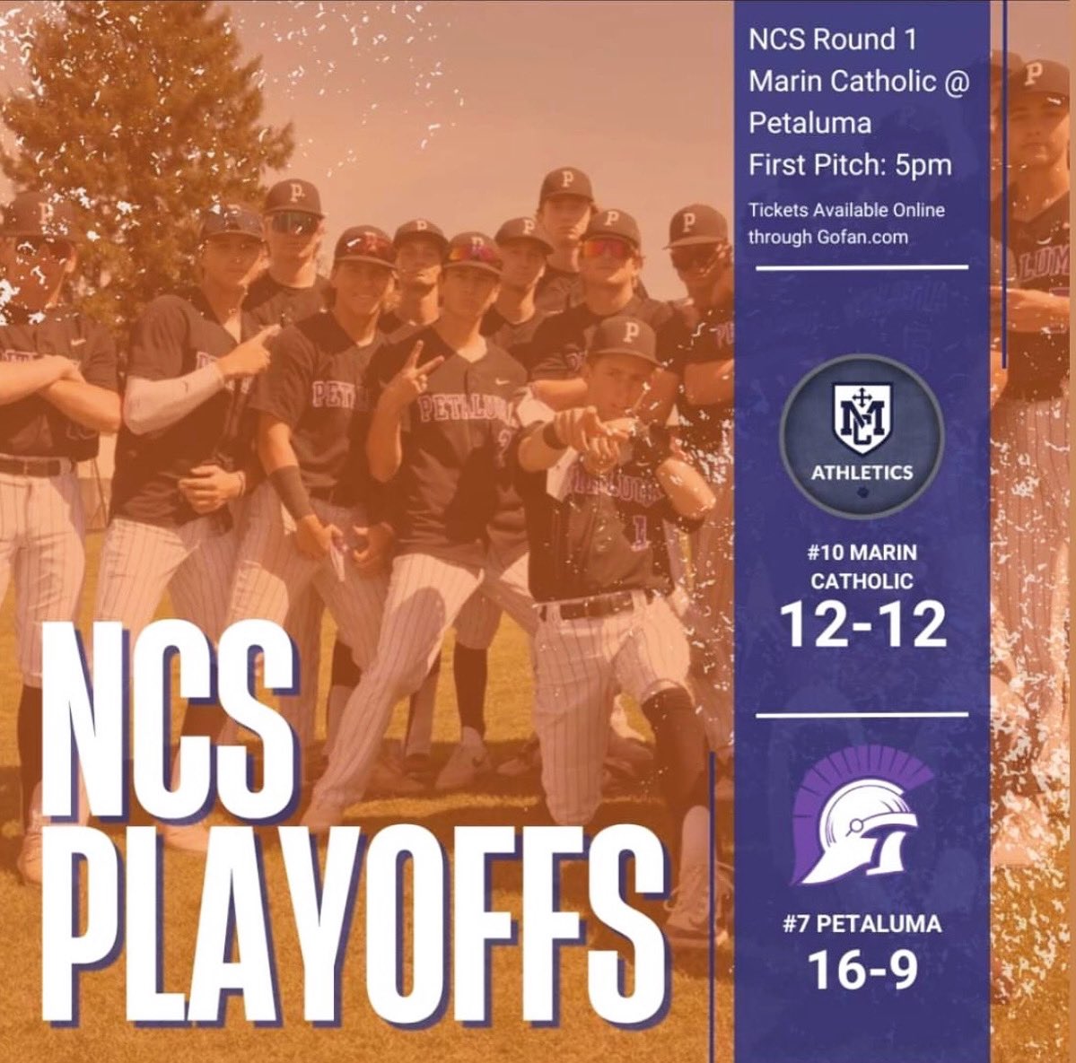 It’s (#7) TROJANS vs (#10) Wildcats today as our VARSITY team takes on Marin Catholic at our house in GAME ONE of the NCS PLAYOFFS! Game starts at 5 P.M.. Come on out and cheer on OUR TROJANS! Also, follow us on our Game Changer. GO TROJANS!! 💜⚾️🖤