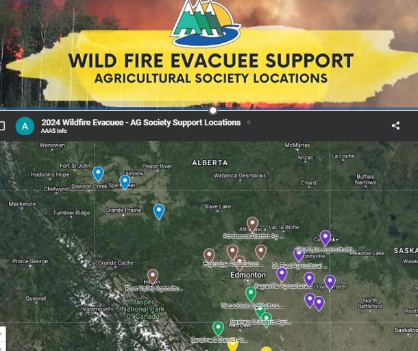 We are compiling a list & map of available AG Society spaces for wildfire evacuees, campers, & livestock, in case they are needed in your area. albertaagsocieties.ca/2024-ag-societ… @RjSigurdson @ABDanielleSmith @CTVNews @GlobalEdmonton @CISNCountry #ABwildfire #EvacueeSupport