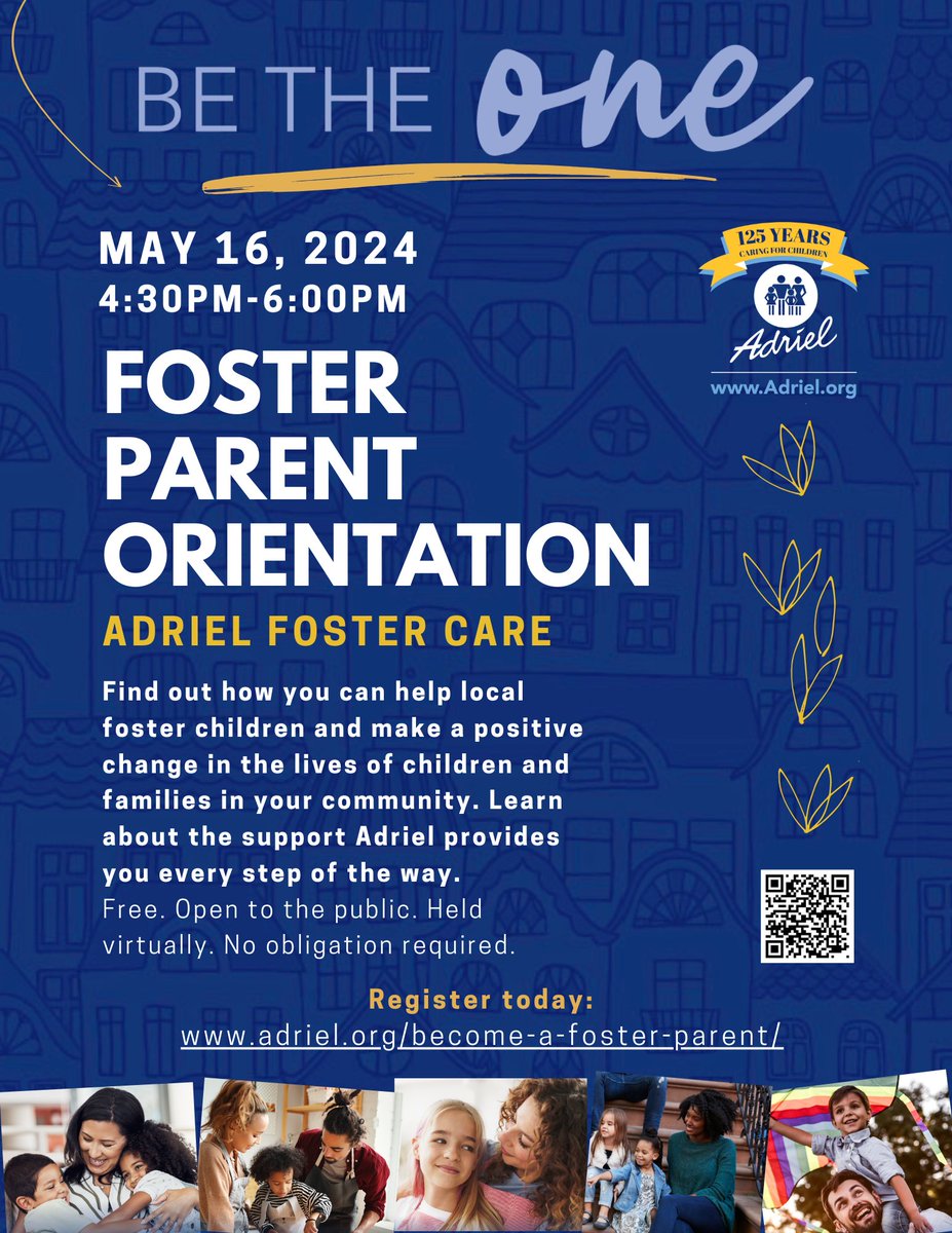 Tomorrow!

Have your questions answered at our free, no obligation, virtual Foster Parent Orientation Thursday, May 16th from 4:30pm-6pm with Adriel Licensing Specialist Emily Church.

To register, visit adriel.org/become-a-foste… and complete the inquiry form.

#AdrielCares