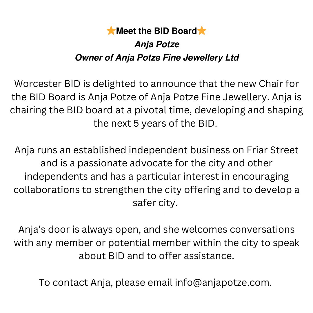 ⭐𝗠𝗲𝗲𝘁 𝘁𝗵𝗲 𝗕𝗜𝗗 𝗕𝗼𝗮𝗿𝗱⭐ 𝘼𝙣𝙟𝙖 𝙋𝙤𝙩𝙯𝙚 𝙊𝙬𝙣𝙚𝙧 𝙤𝙛 Anja Potze Fine Jewellery Ltd #WorcesterBID #makeitworc #yourcity #ourcity #worcestershirehour