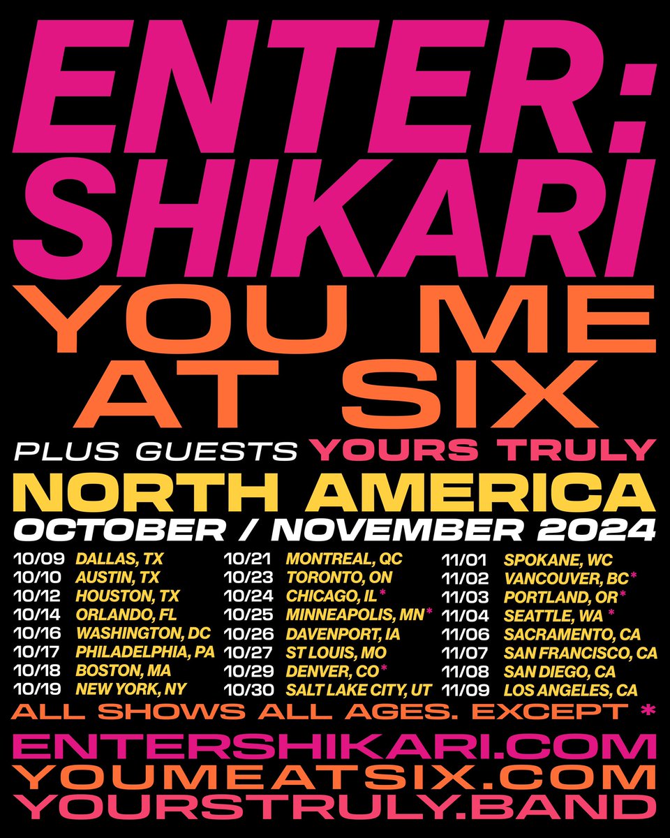 New date added! Enter Shikari and very special guests @youmeatsix and @yourstruly_band will be coming to @thebeacham, FL, USA on October 14.🍊 Tickets for all shows are on sale now. Link in bio.