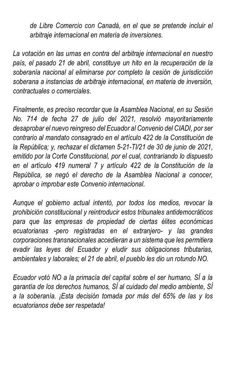 -Manifiesto al Pueblo Ecuatoriano- El Ecuador le dijo NO al Arbitraje Internacional y esta decisión ¡SE RESPETA!