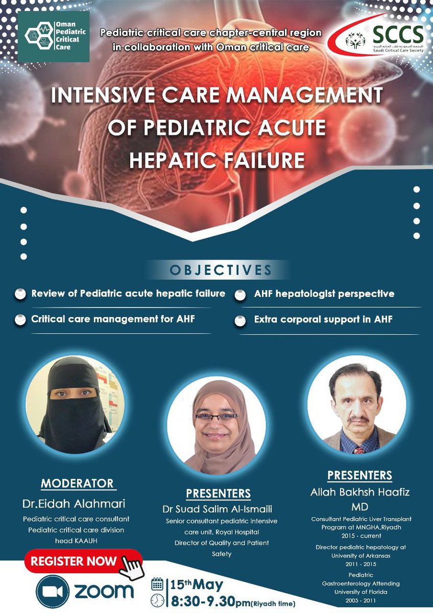 Topic: Intensive Care Management of Pediatric Acute Hepatic Failure
Time: May 15, 2024 08:30 PM Riyadh

Join Zoom Meeting
us02web.zoom.us/j/86900457104?…

Meeting ID: 869 0045 7104
Passcode: 718344