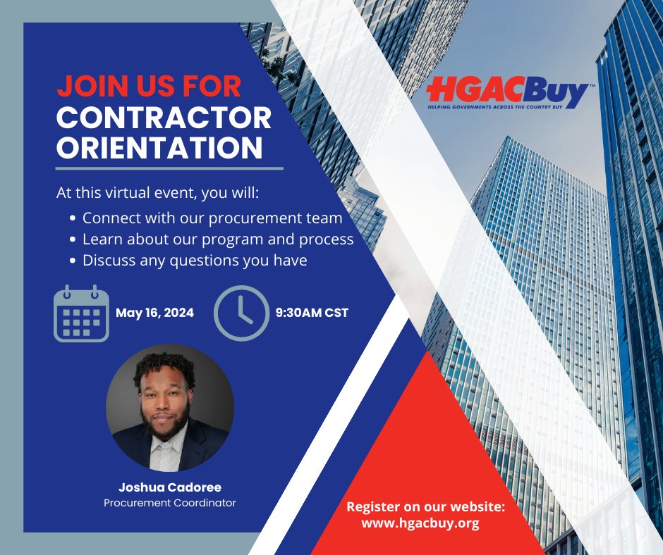 Join us TOMORROW at 9:30am CST for our exclusive Contractor Orientation! Gain insights from our HGACBuy procurement professionals to enhance your business growth through our program! Register here: zoom.us/meeting/regist…

#CooperativePurchasing #GovernmentProcurement