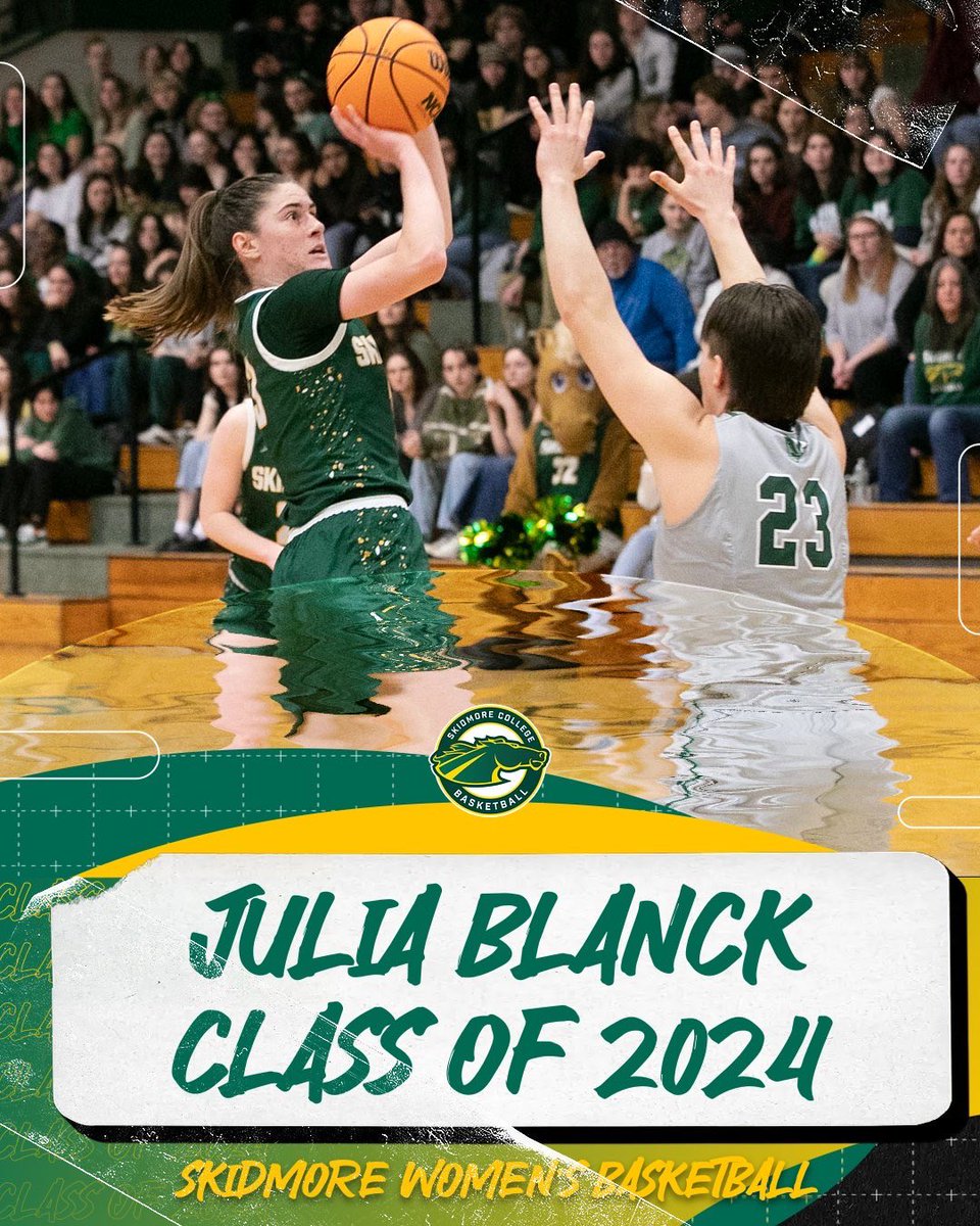 Next up in the 2024 class is Julia Blanck, a Bio major from Hinesburg, VT

In 3 playing seasons, Julia ranks 20th all-time in scoring with 834, 7th all-time in rebs with 783, 2nd all-time in blocks with 162, 2nd all-time in free throw % at 80% &amp; collected 30 double-doubles 🐎💛