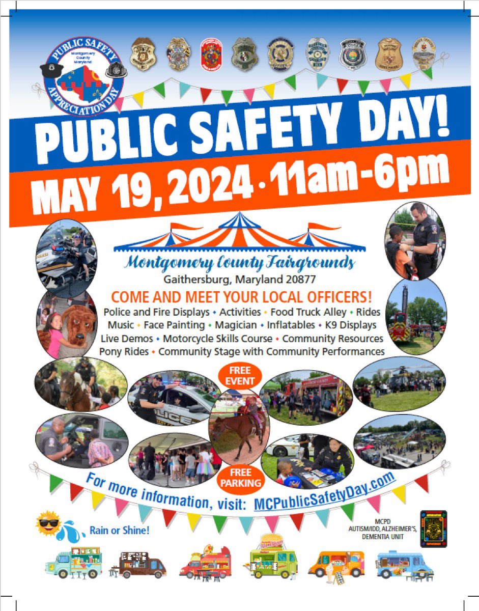 🚒🚔 Join us at MoCo Fairgrounds on Sunday, May 19 for *Public Safety Appreciation Day* 

Meet your local public safety heroes, enjoy FREE activities, inflatables & ride mechanical rides. Plus, don't miss the live performances & food truck alley! 🎉🌭 

🔗 ow.ly/tLpg50RFQ6T