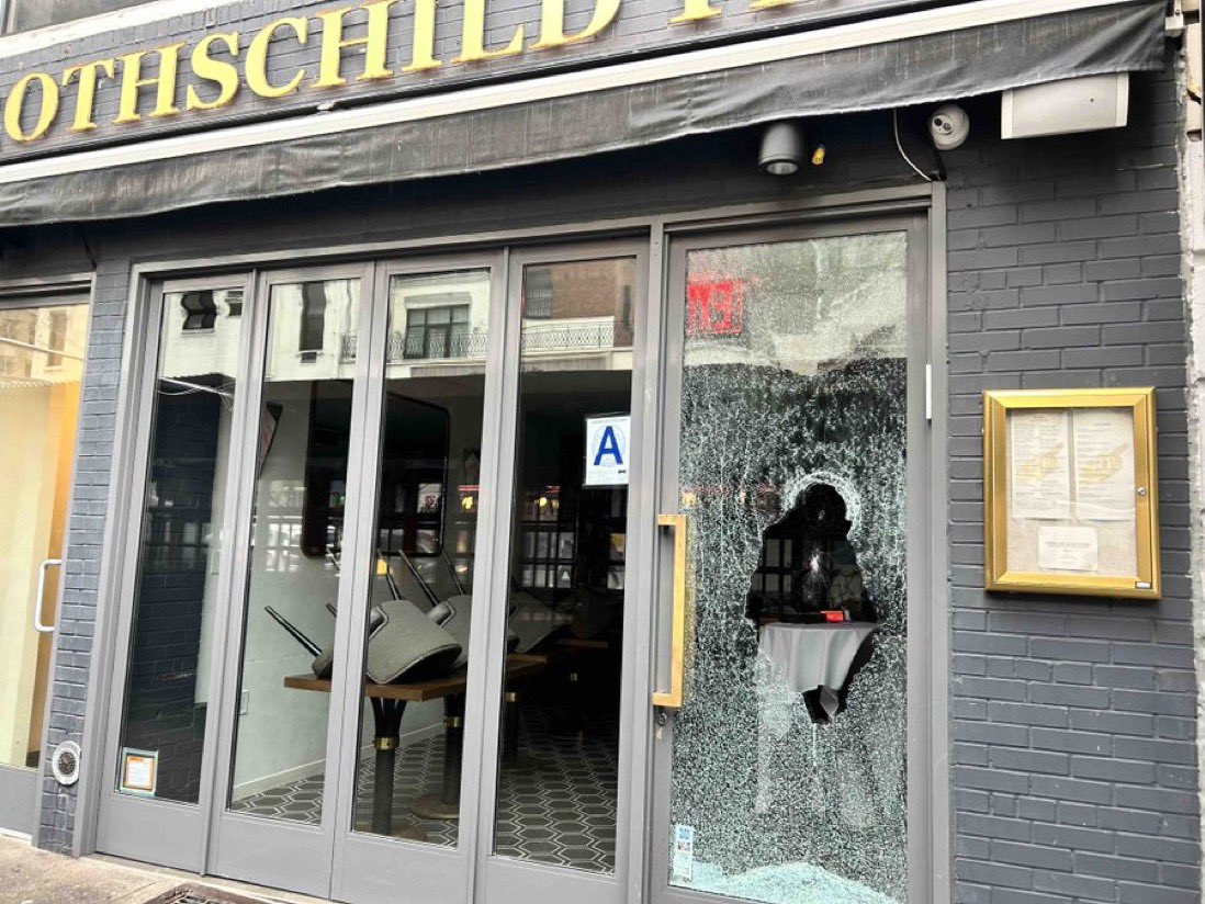 Kristallnacht 2024. A kosher restaurant in New York City had its windows smashed last night.