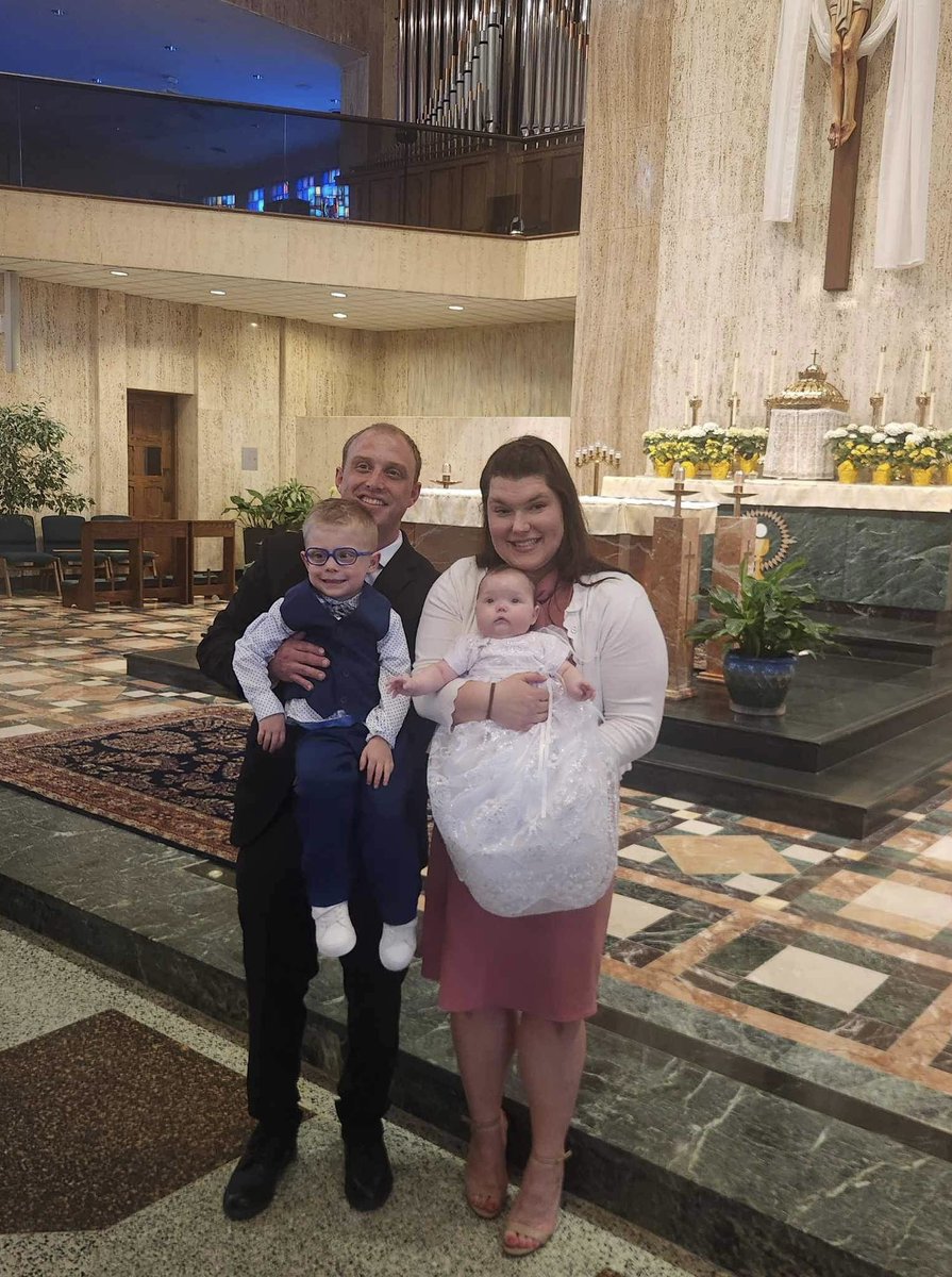 Kenna Aniela Gordon with her parents Nathan & Kaitlyn (Belcher, DCHS Class 2008) Gordon and big brother Kaleb. Kenna received the Sacrament of Baptism on April 28.