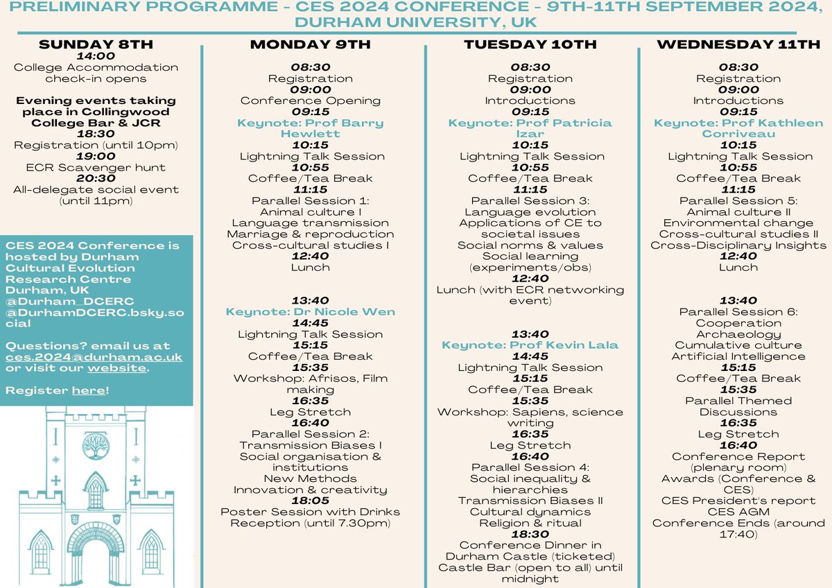 Durham Cultural Evolution Research Centre (@durham_dcerc) on Twitter photo 5 days left until early bird registration for closes at 4pm UTC/GMT on Monday 20th May. #CES2024Durham
pay.durham.ac.uk/event-durham/c… <a href="/CulturalEvolSoc/">Cultural Evolution Society</a>
We are very happy to announce our preliminary programme as well!! ces2024.webspace.durham.ac.uk/2024/05/15/pre… 5 days left until early bird registration for closes at 4pm UTC/GMT on Monday 20th May. #CES2024Durham
pay.durham.ac.uk/event-durham/c… <a href="/CulturalEvolSoc/">Cultural Evolution Society</a>
We are very happy to announce our preliminary programme as well!! ces2024.webspace.durham.ac.uk/2024/05/15/pre…