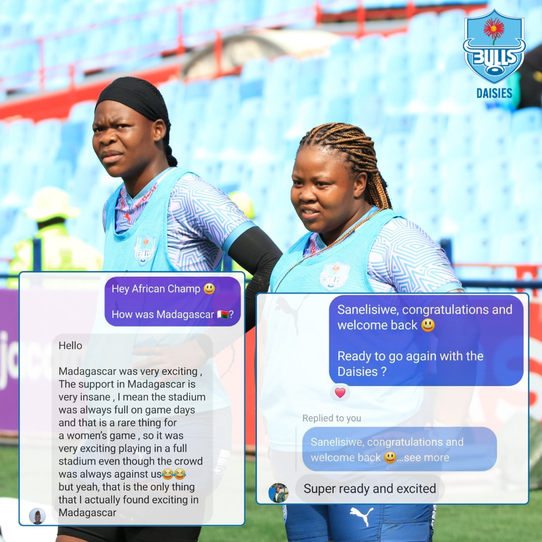 A sneak into the DMs📲 of our #BullsDaisies players who have returned from national 🇿🇦 duty as African Champions.

#BackTheBulls | #WomensRugby