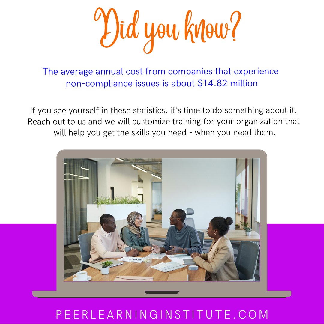 Did you know...the average annual cost from companies that experience non-compliance issues is...

#LaurelAndAssociates #WorkLifeBalance #DeborahLaurel #Trainer #Leadership #DidYouKnow