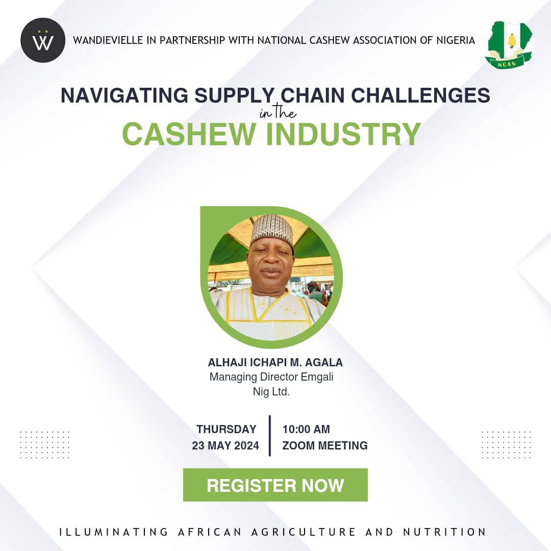 Alhaji Ichapi M Agala, Managing Director of Emgali Nig. Ltd, will be speaking at our webinar on 'Navigating Supply Chain Challenges in the Cashew Industry'.

Don't miss out on this valuable opportunity.
 
Register now⤵️
us02web.zoom.us/webinar/regist…

#Wandieville #Webinar #Agriculture