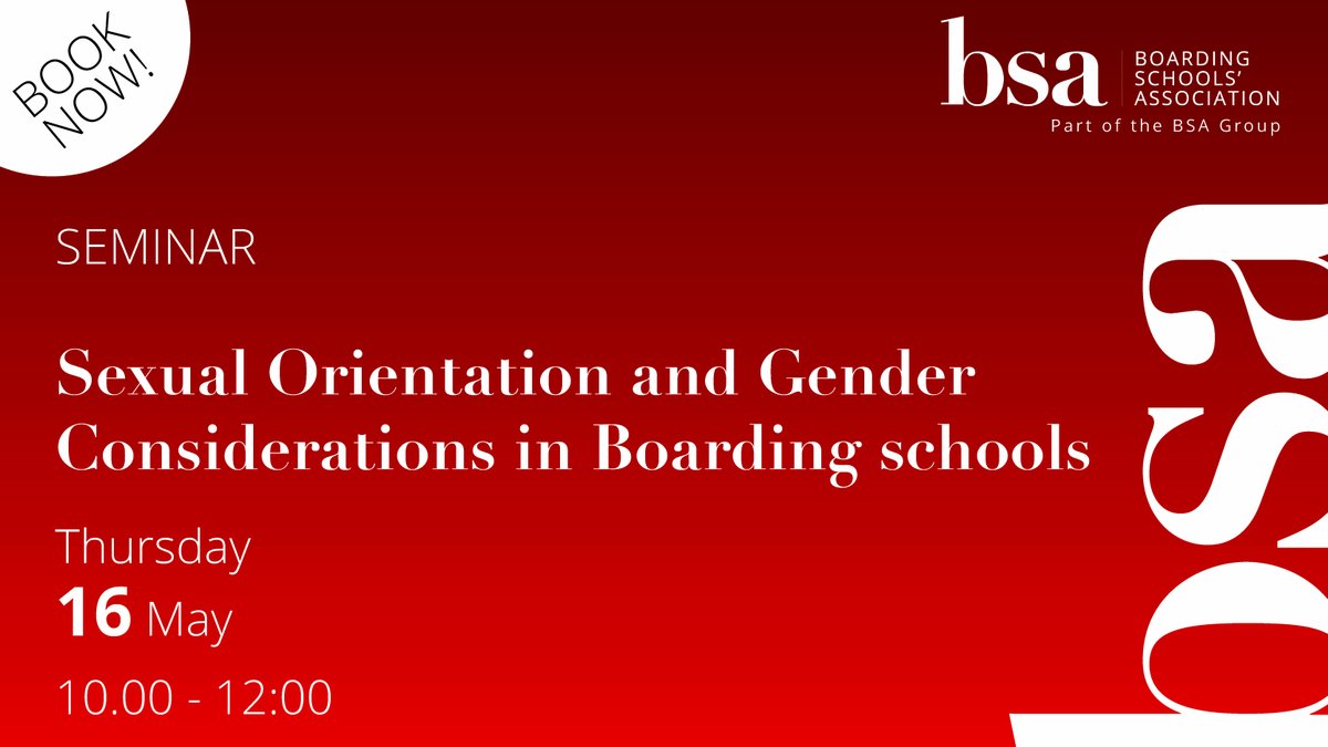 Tomorrow: Last chance to join tomorrow’s ‘Sexual Orientation and Gender Considerations in Boarding schools’ seminar taking place between 10:00 – 12:00. Book your place now via ow.ly/ugG350RH8VO