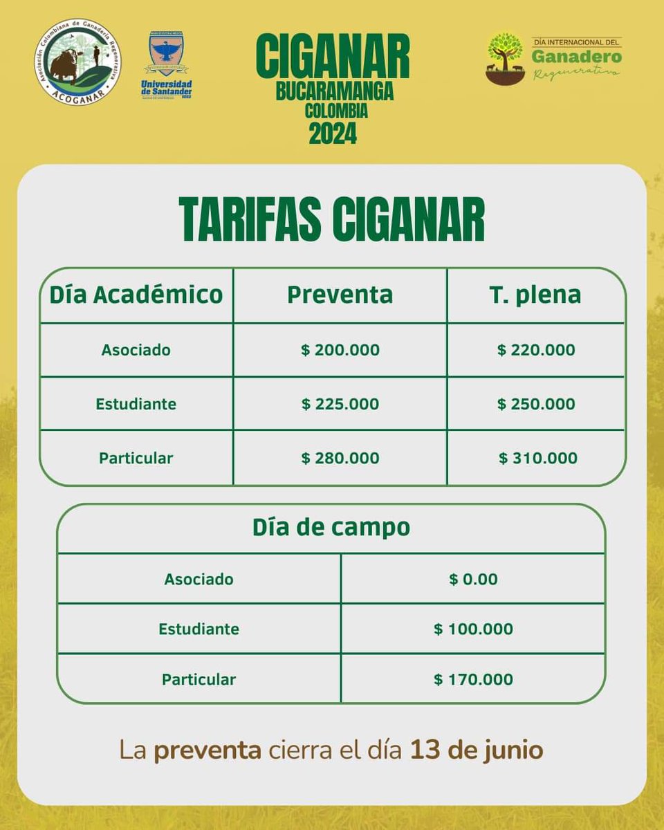 Estamos a 30 días de terminar la preventa para asistir al III CIGANAR y la celebración del Día Internacional del Ganadero Regenerativo en Colombia, esta vez nos veremos en Bucaramanga.

¡Ya puedes inscribirte!
 forms.gle/yuXzy62QNfzt2i…

#CIGANAR