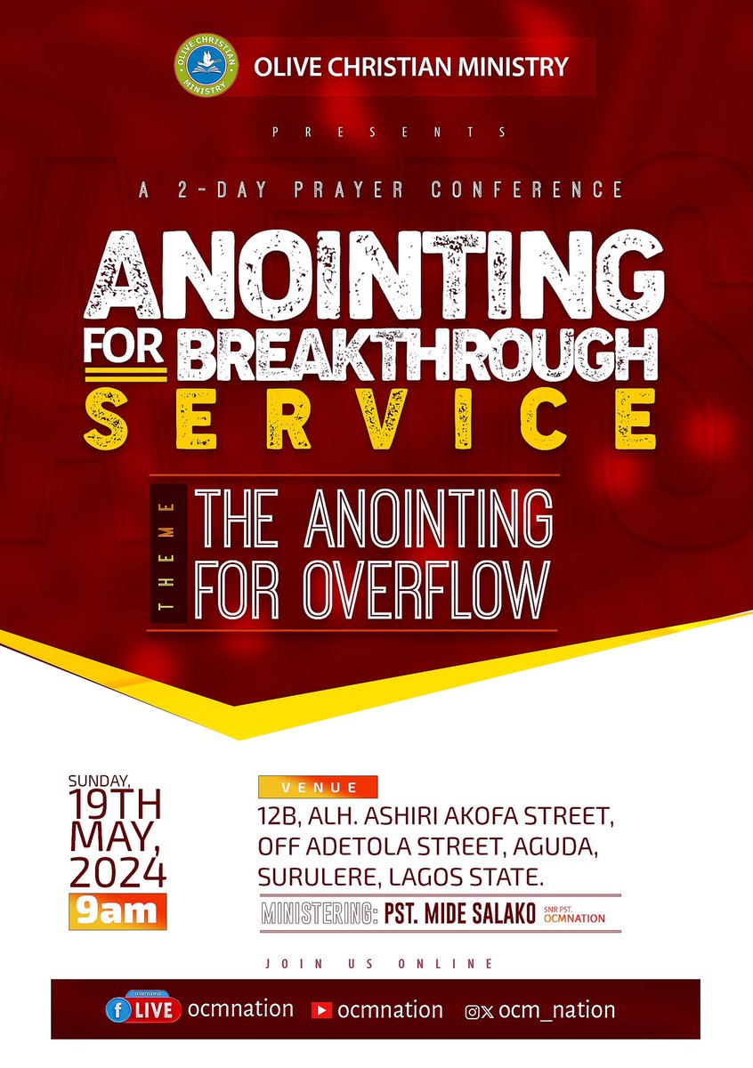 OCM_NATION's tweet photo. Come encounter the Holy Spirit in action. Save the date!

#olive #kings #TheWord #fsdd #ocmnation#Ocmextracts #COF #may #healing #breakthrough #2024 https://t.co/CIz0WKemtb