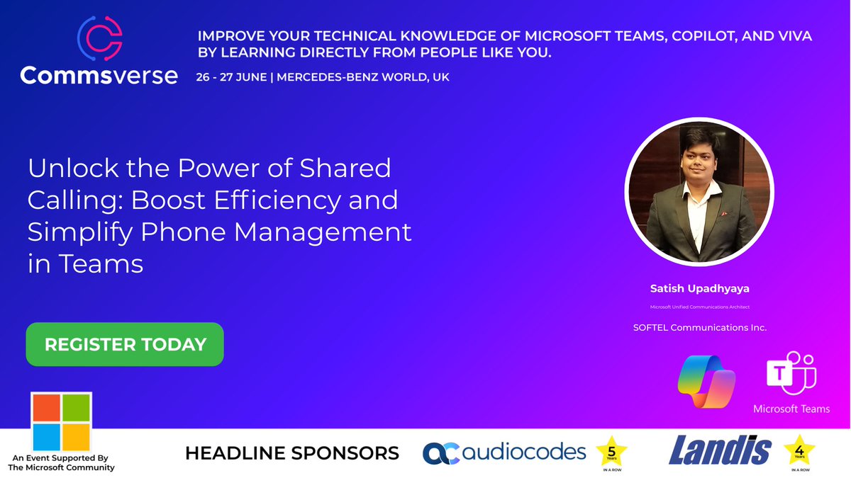 Satish Upadhyaya (@realtime_m365) on Twitter photo Commsverse - The Microsoft Teams Conference is coming up! I'd love to see many of you there as I'll be speaking in a few sessions, including:
Unlock the Power of Shared Calling
Tickets are selling fast, so grab yours soon! lnkd.in/eqBriEig Commsverse - The Microsoft Teams Conference is coming up! I'd love to see many of you there as I'll be speaking in a few sessions, including:
Unlock the Power of Shared Calling
Tickets are selling fast, so grab yours soon! lnkd.in/eqBriEig