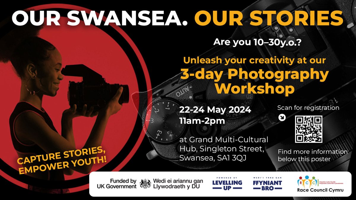 7 Days to Go ! 📷📷📷 Calling young people aged 10-30 from Black, Asian, or other Ethnic Minority backgrounds! Join us for a free 3-Day photography workshop at Swansea Grand Theatre from May 22nd to 24th, 2024, 11am-2pm. Registration for this workshop via this link: